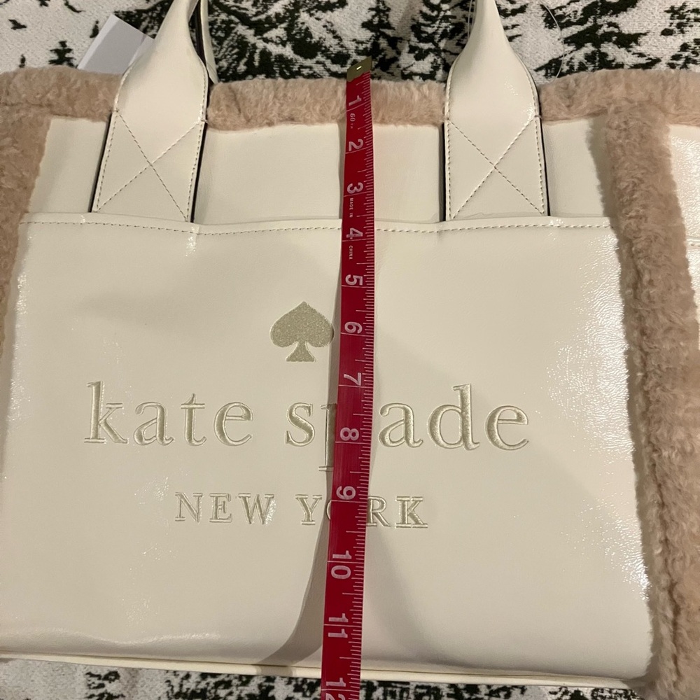 NWT kate spade Jett Faux Shearling Patent Leather Large Tote, Meringue White - Picture 13 of 15
